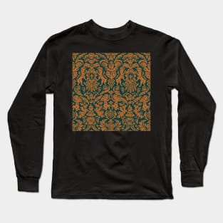 Gold on Teal Weird Medieval Lions, Cherubs, and Skulls Scrollwork Damask Long Sleeve T-Shirt